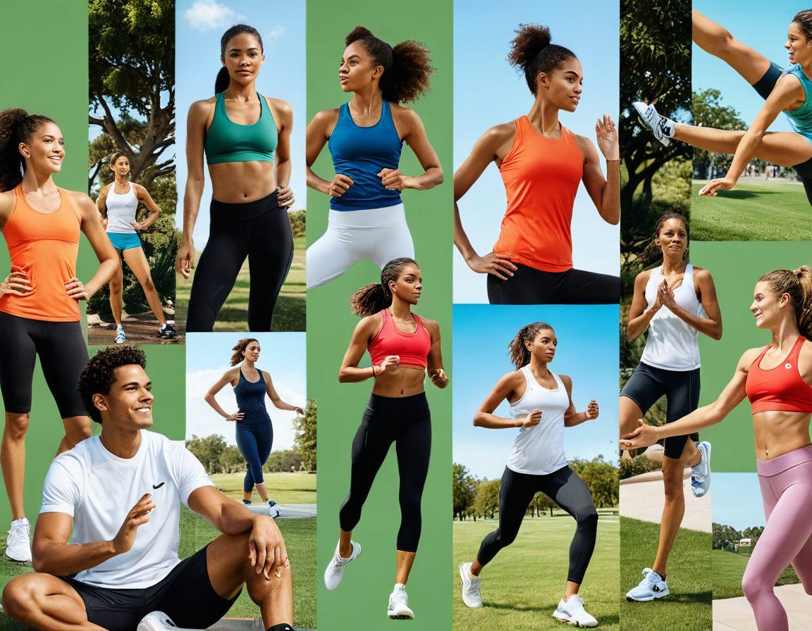 A vibrant collage of active individuals enjoying outdoor activities like running, cycling, and yoga, all wearing stylish Saucony athletic gear. The background should feature lush green parks and sunny skies, conveying a sense of community and engagement. Include elements like fitness trackers, water bottles, and sneakers to emphasize an active lifestyle. super-realistic. vibrant colors. white background.