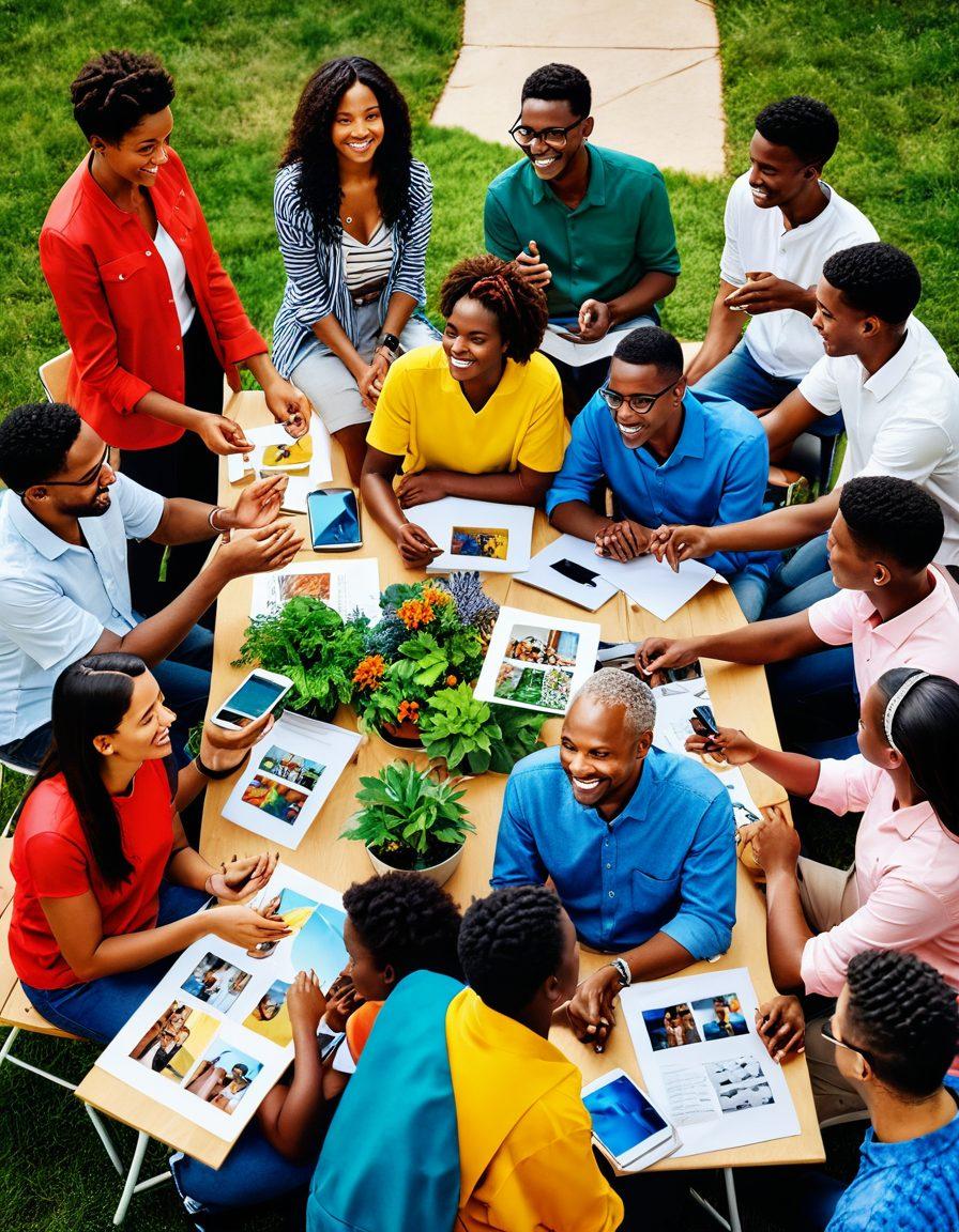 A vibrant collage of diverse community members engaging in various lifestyle activities, such as group discussions, outdoor events, and creative workshops. Include subtle hints of modern technology and social media icons around them, symbolizing the interconnectedness of insights and trends. The background should reflect a blend of urban and natural settings, emphasizing community spirit and modern living. super-realistic. vibrant colors. 3D.